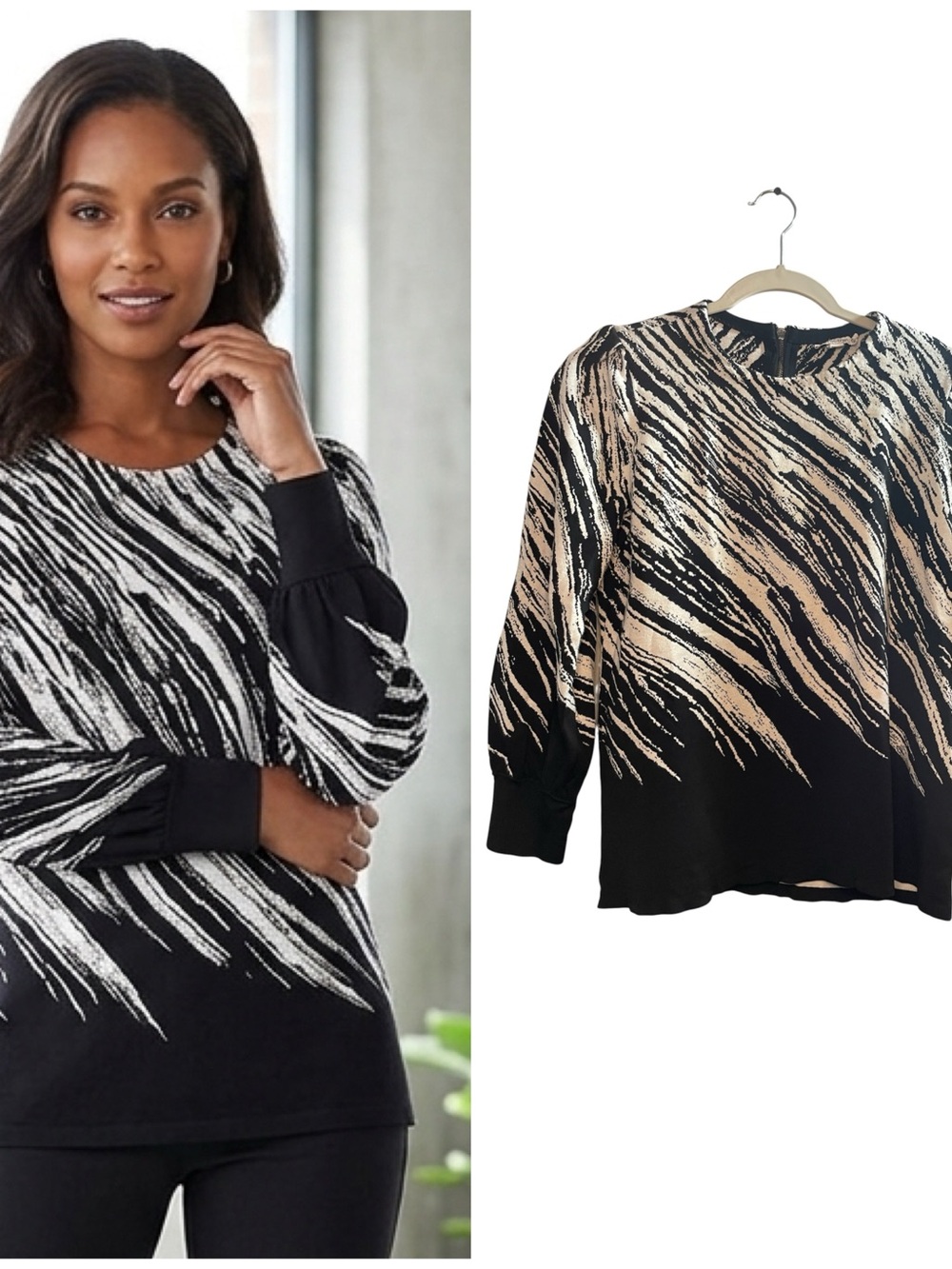 Chico's Black and Cream Abstract Brushstroke Pullover